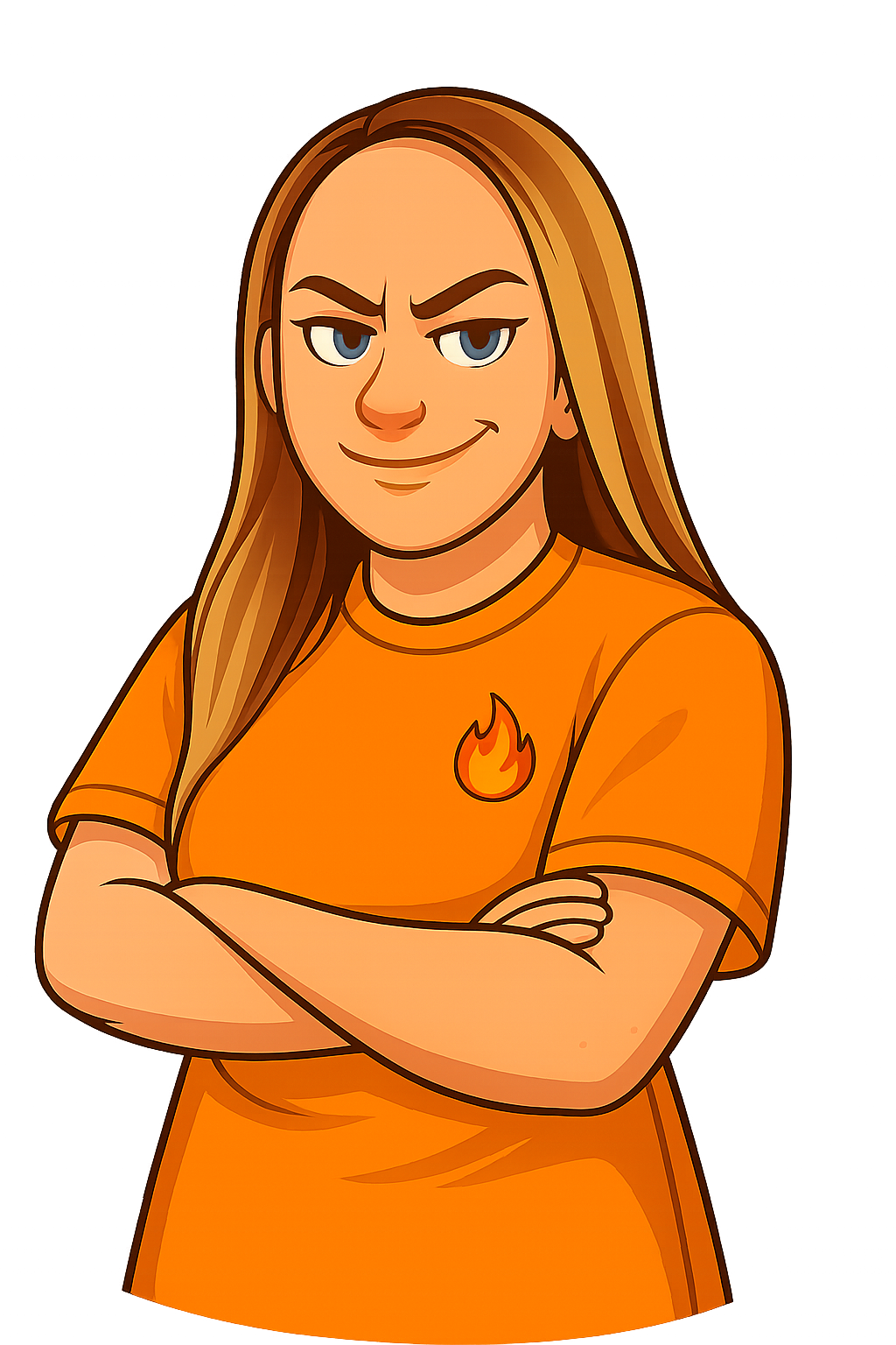 Illustration der Team-Leaderin von Team Lava mit verschränkten Armen im orangen Shirt