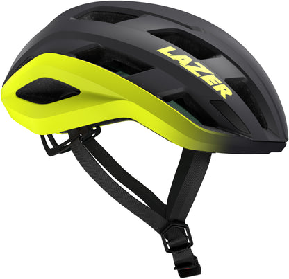 Lazer Strada KinetiCore Helm in Flash Yellow von der Seite mit gut sichtbarer Belüftung und Lazer-Schriftzug