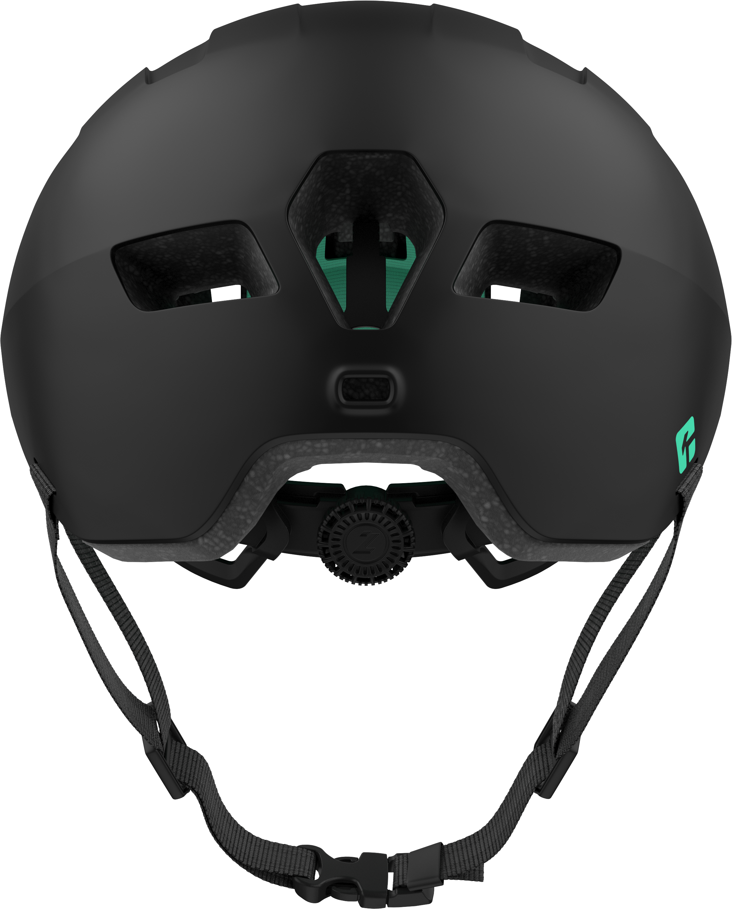 Rückseite des mattscharzen Helms mit schwarzem Verstellrädchen, Lüftungsöffnungen und KinetiCore-Symbol