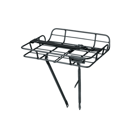 Frontgepäckträger in matt schwarz zur Befestigung am vorderen Reifen mit schwarzem, verstellbaren Spanngurt