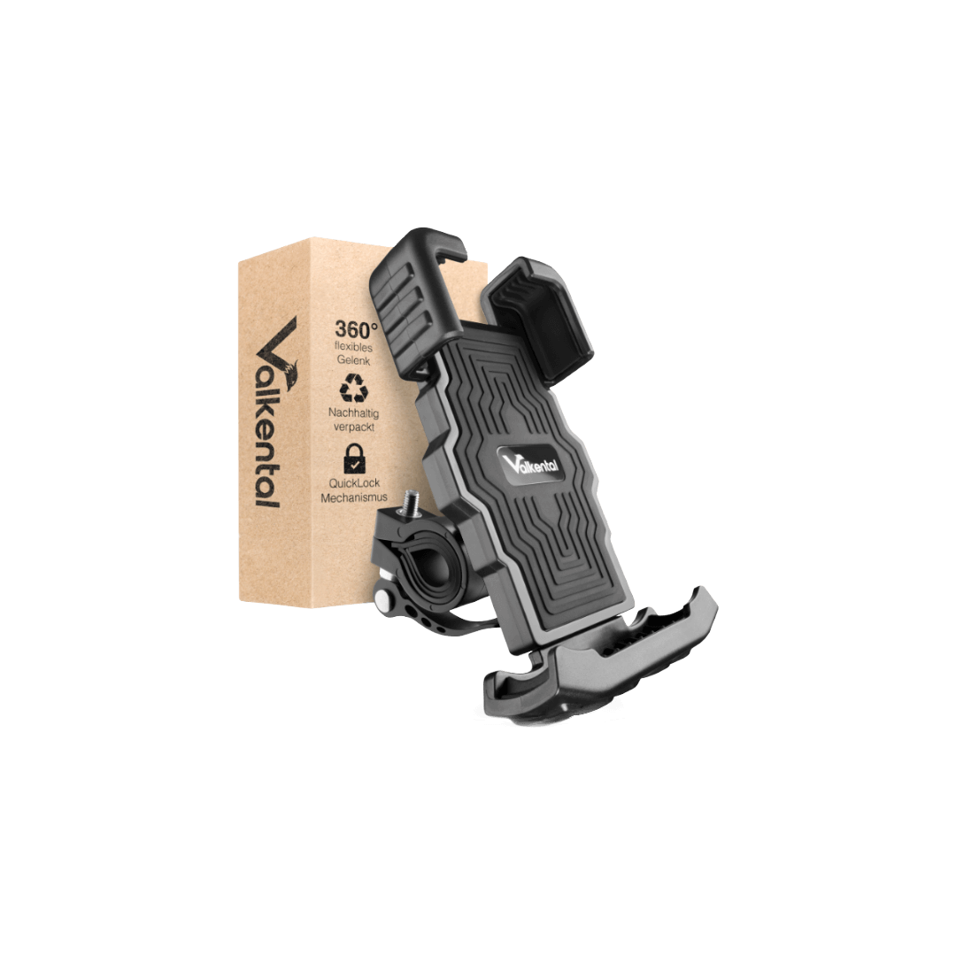 Schwarze Handyhalterung von Valkental mit Einspannmechanismus vor umweltfreundlicher Verpackung mit Hinweis auf 360°-Gelenk und QuickLock-Mechanismus