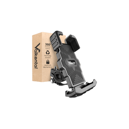 Schwarze Handyhalterung von Valkental mit Einspannmechanismus vor umweltfreundlicher Verpackung mit Hinweis auf 360°-Gelenk und QuickLock-Mechanismus