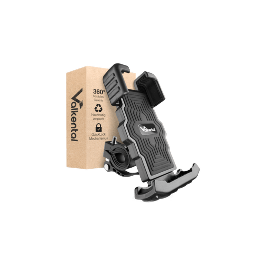 Schwarze Handyhalterung von Valkental mit Einspannmechanismus vor umweltfreundlicher Verpackung mit Hinweis auf 360°-Gelenk und QuickLock-Mechanismus