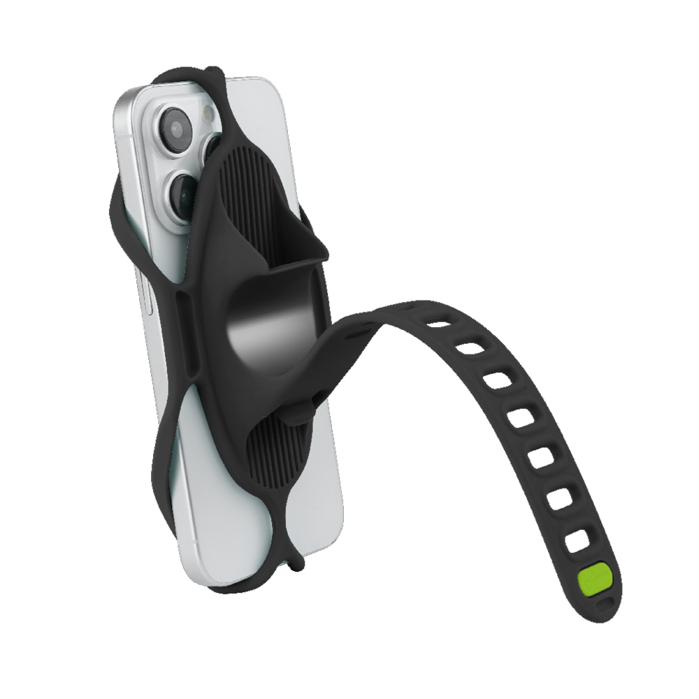 BONE Handyhalterung Bike Tie 5 von hinten mit eingespanntem Smartphone und Gurt zur Befestigung am Fahrradlenker