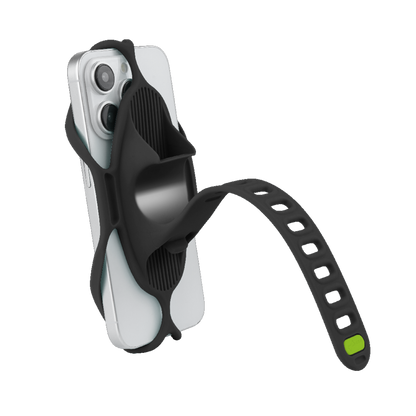 BONE Handyhalterung Bike Tie 5 von hinten mit eingespanntem Smartphone und Gurt zur Befestigung am Fahrradlenker