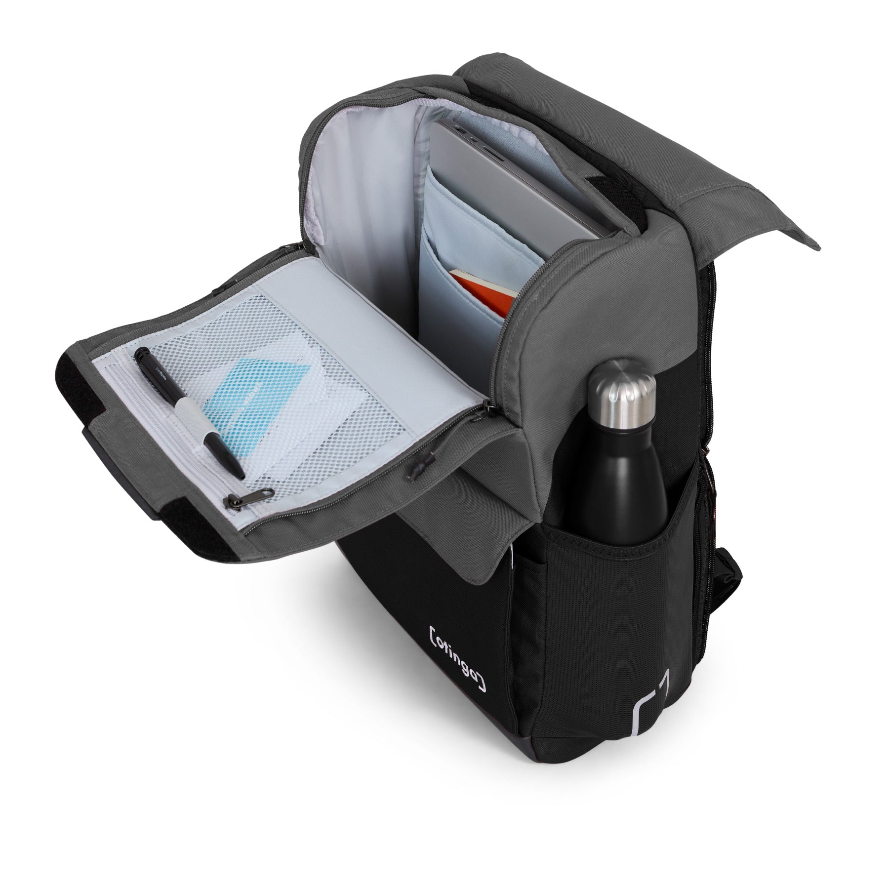 Geöffneter Otinga Flip Move mit Laptopfach, Trinkflasche und Innenorganisation – 19 l Stauraum