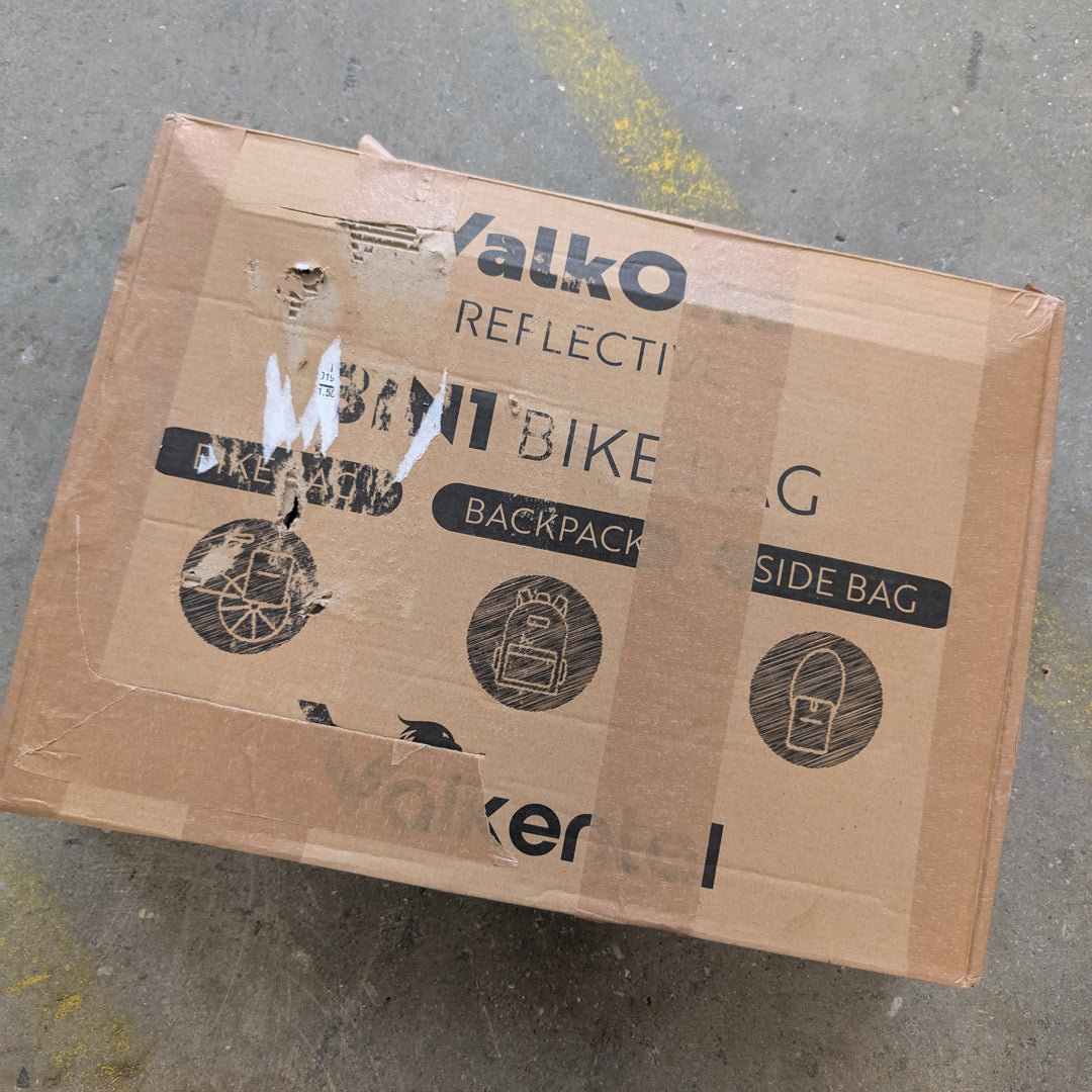 Beschädigter Originalkarton der Valkental 3in1 Fahrradtasche