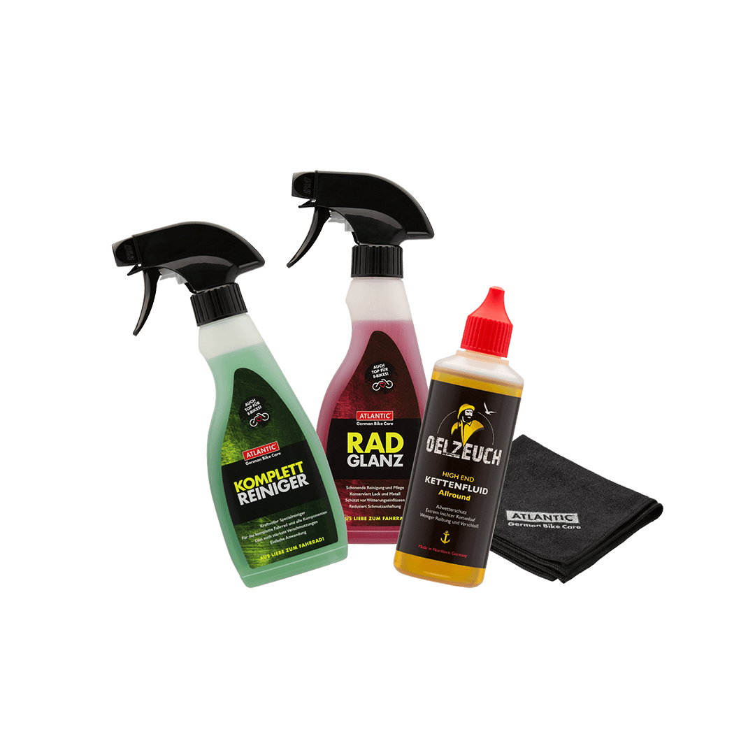 Übersicht des Bike Pflegeset von ATLANTIC bestehend aus einem Reiniger, Poliermittel, Kettenöl und Mikrofasertuch