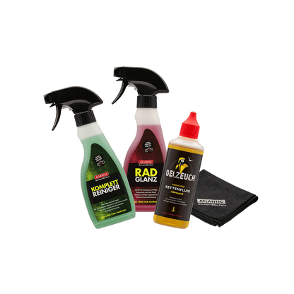 Übersicht des Bike Pflegeset von ATLANTIC bestehend aus einem Reiniger, Poliermittel, Kettenöl und Mikrofasertuch