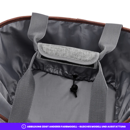 Innenansicht der Tasche mit gepolstertem Klettgriff und Kordelzug zum Verschließen