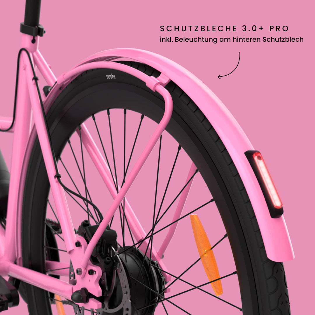 California Roll 3.0+ Bubblegum mit Fokus auf das hintere Schutzblech 3.0+ Pro mit integriertem LED-Rücklicht