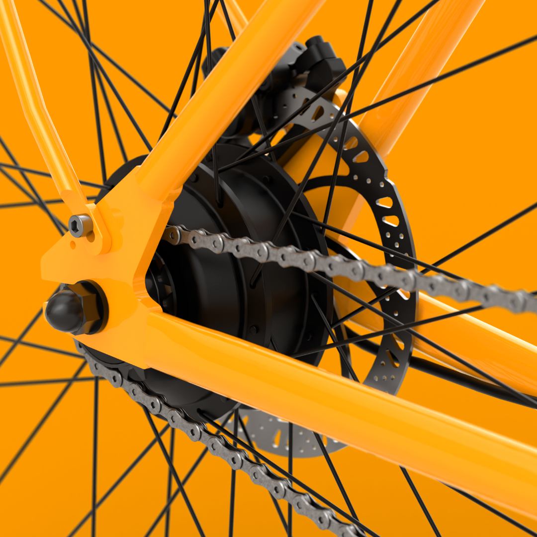 Detailaufnahme des Nabenmotors am E-Bike mit orangefarbenem Rahmen