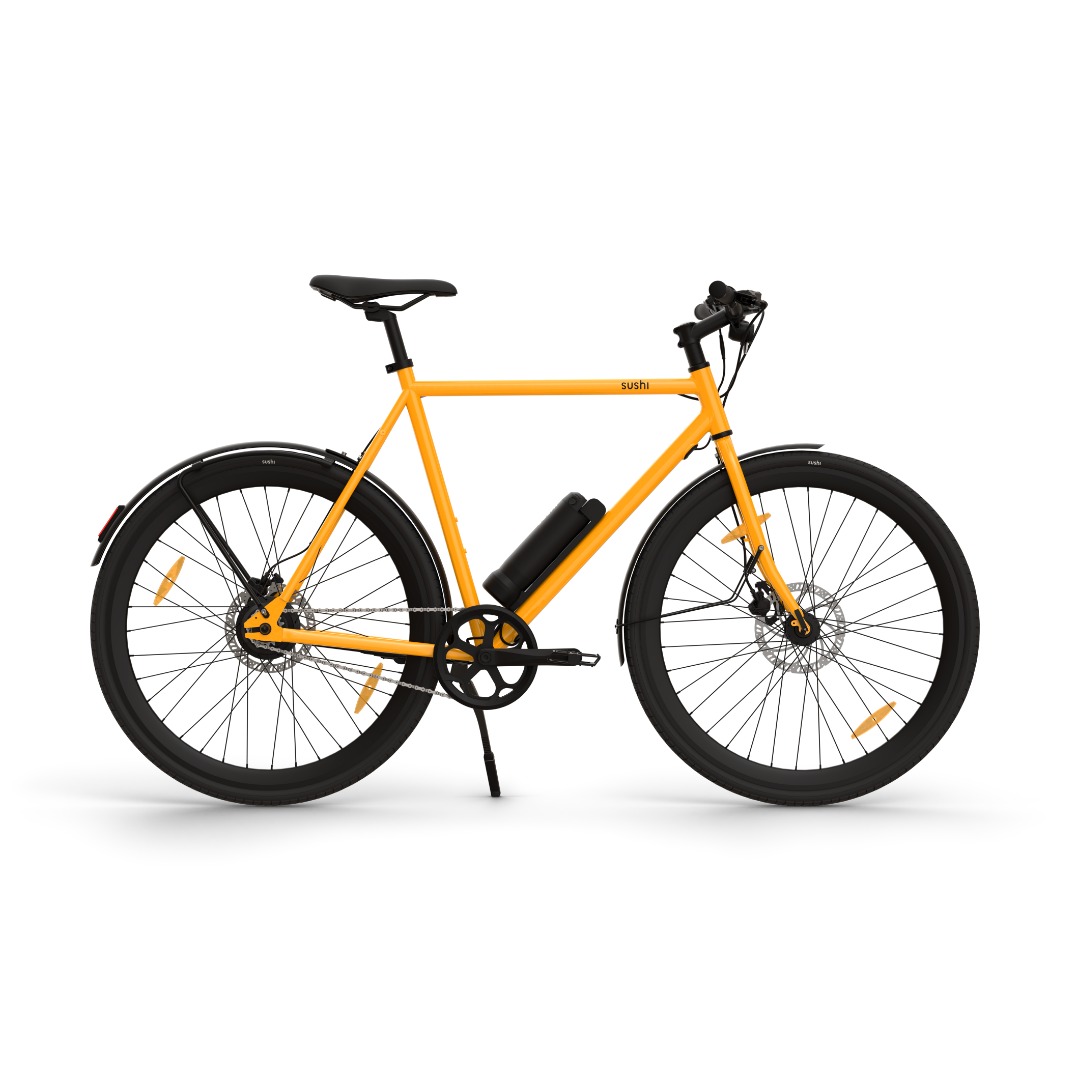 Maki 3.0+ Lava mit schwarzen Schutzblechen, Lenker und Sattel in der Seitenansicht