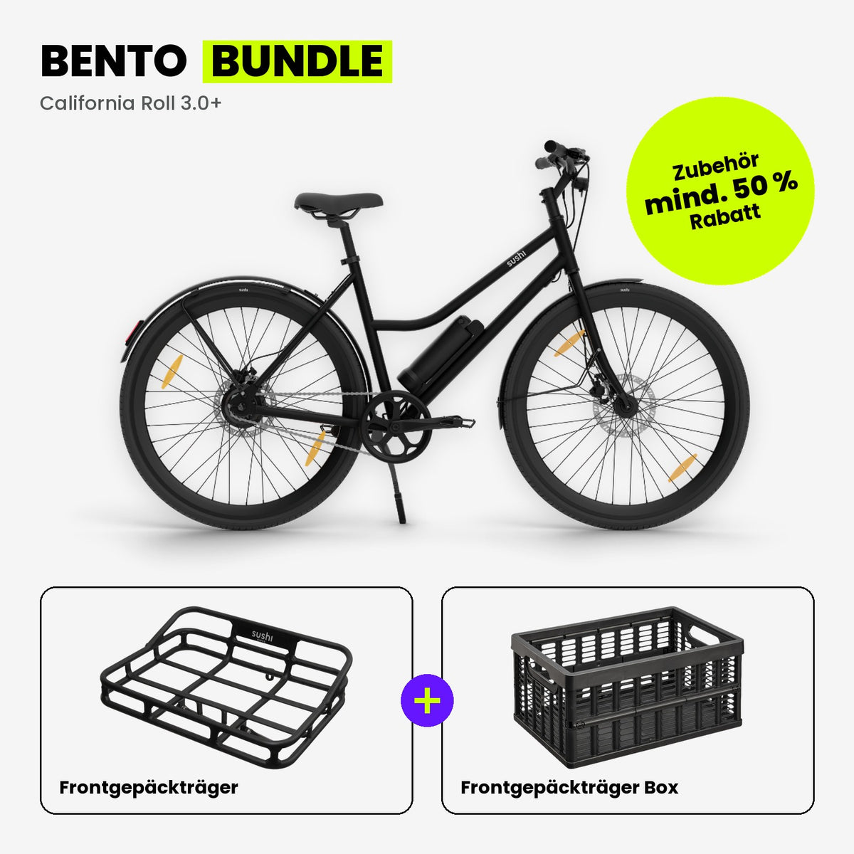Bento Bundle: California Roll 3.0+ Black mit SUSHI BIKES Frontgepäckträger und Frontgepäckträger Box