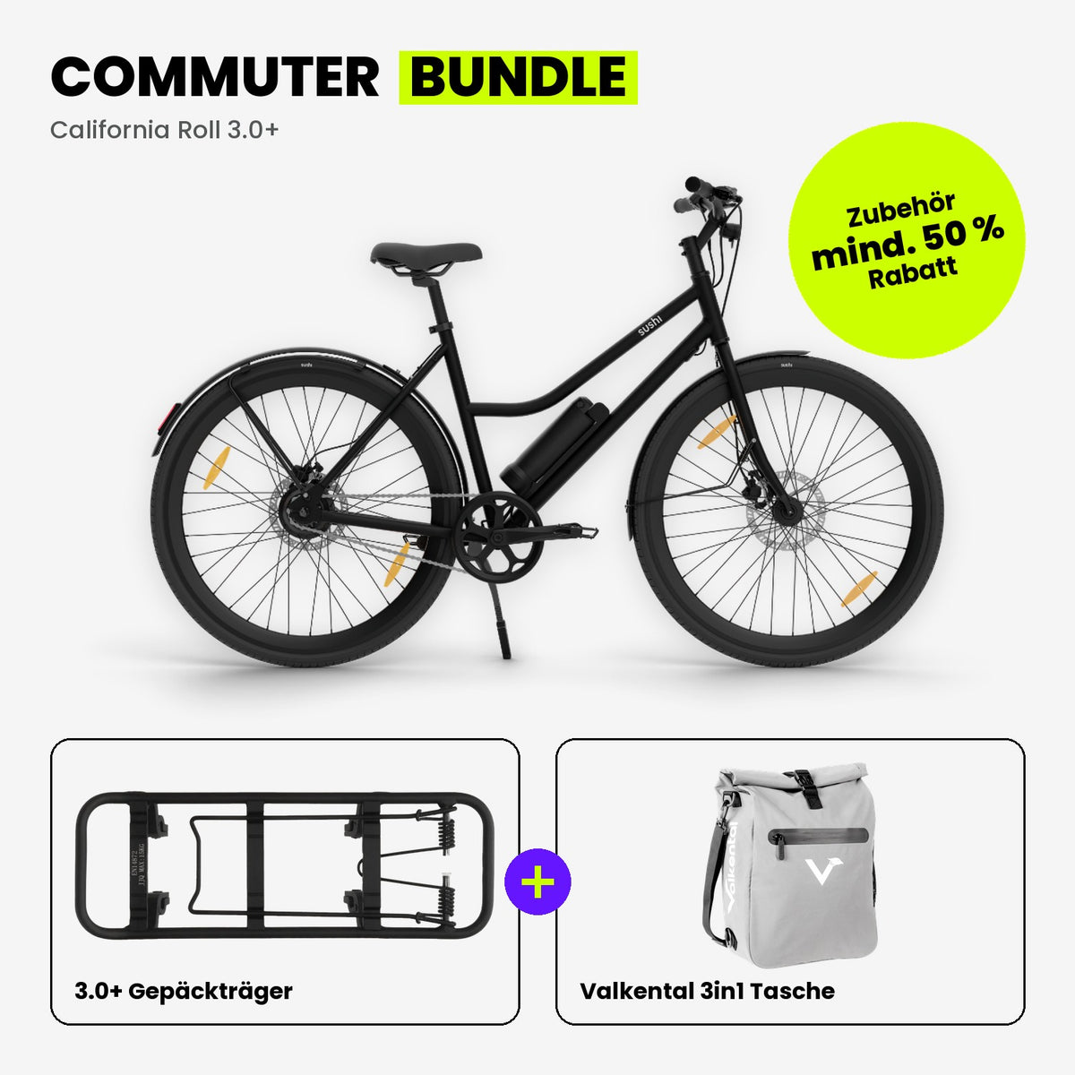 Commuter Bundle: California Roll 3.0+ Black mit SUSHI BIKES 3.0+ Gepäckträger und Valkental 3in1 Tasche in Grau reflektierend