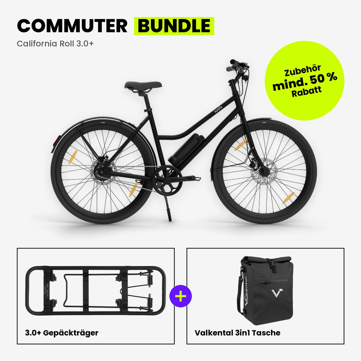Commuter Bundle: California Roll 3.0+ Black mit SUSHI BIKES 3.0+ Gepäckträger und Valkental 3in1 Tasche in Schwarz