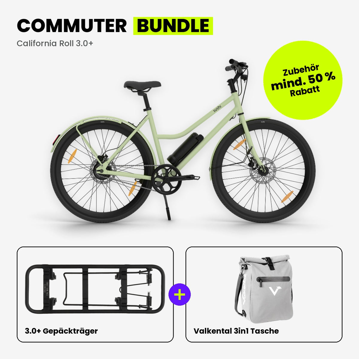 Commuter Bundle: California Roll 3.0+ Matcha mit SUSHI BIKES 3.0+ Gepäckträger und Valkental 3in1 Tasche in Grau reflektierend
