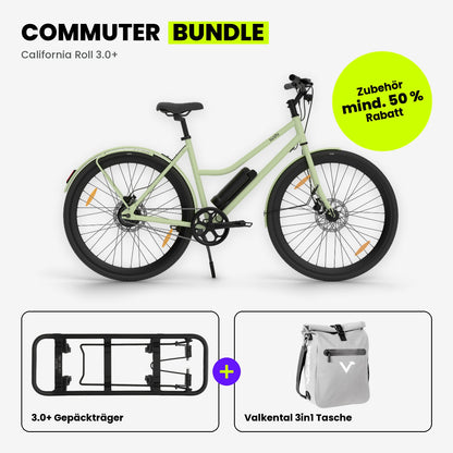 Commuter Bundle: California Roll 3.0+ Matcha mit SUSHI BIKES 3.0+ Gepäckträger und Valkental 3in1 Tasche in Grau reflektierend