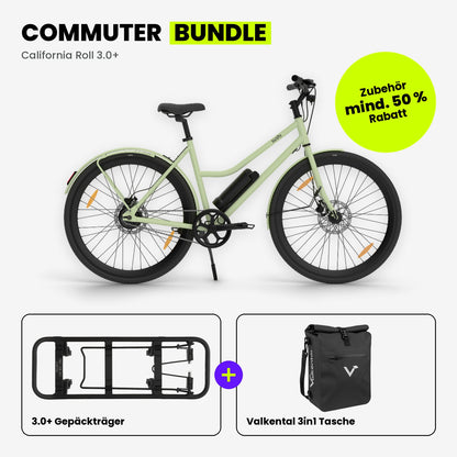 Commuter Bundle: California Roll 3.0+ Matcha mit SUSHI BIKES 3.0+ Gepäckträger und Valkental 3in1 Tasche in Schwarz
