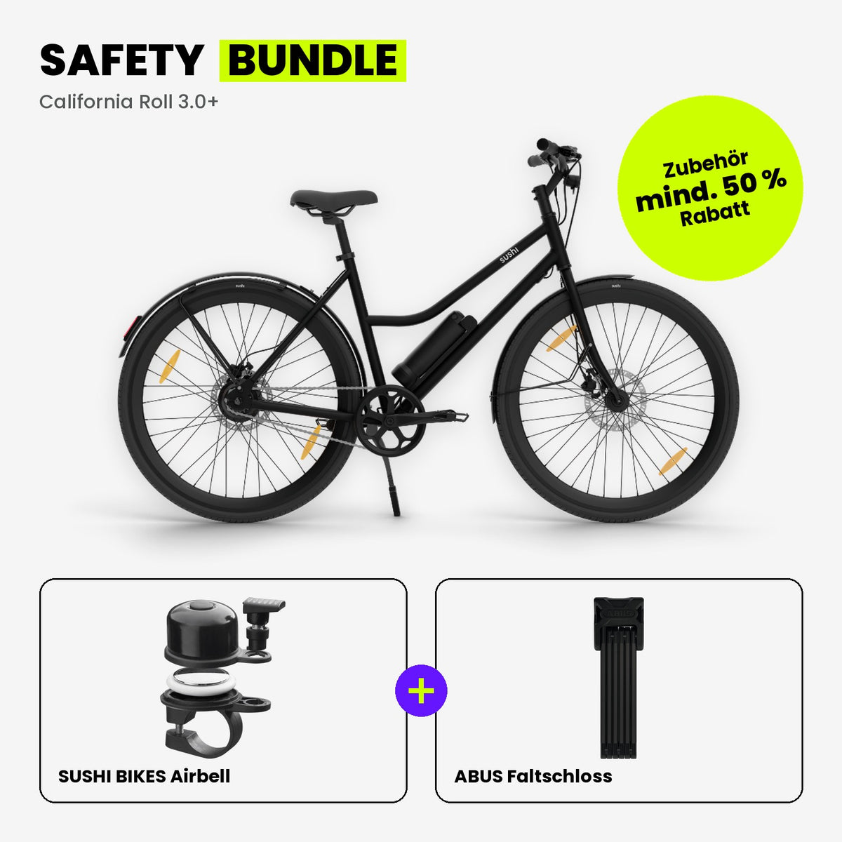 Safety Bundle: California Roll 3.0+ Black mit SUSHI BIKES Airbell und ABUS Faltschloss mit Schlüssel