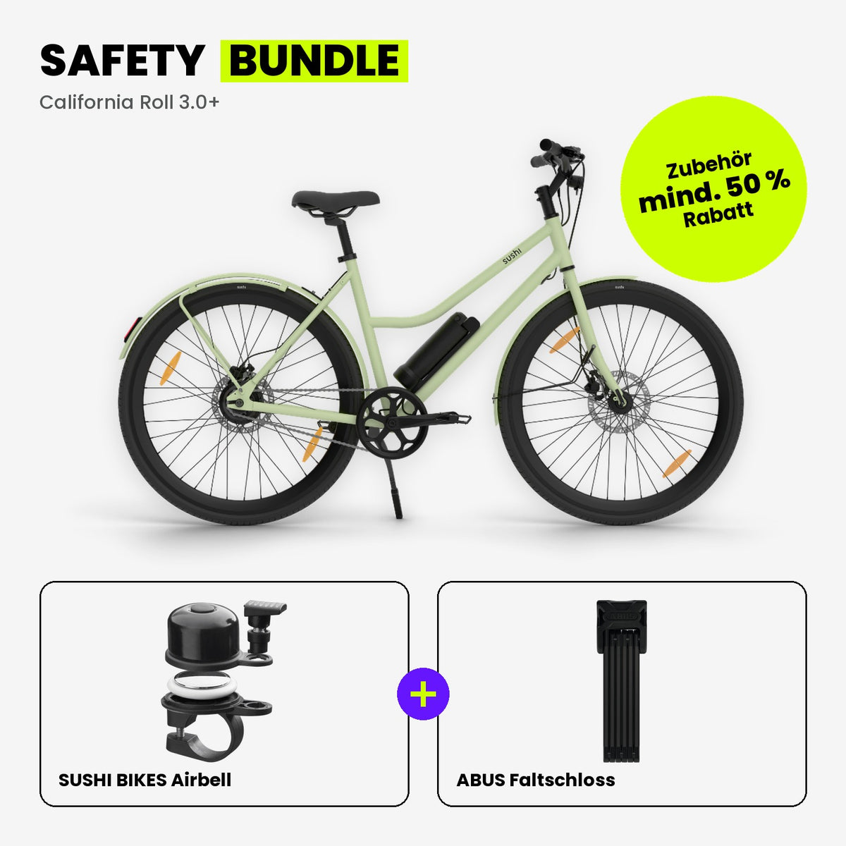 Safety Bundle: California Roll 3.0+ Matcha mit SUSHI BIKES Airbell und ABUS Faltschloss mit Schlüssel
