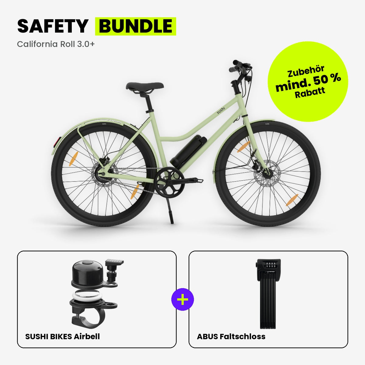 Safety Bundle: California Roll 3.0+ Matcha mit SUSHI BIKES Airbell und ABUS Faltschloss mit Zahlencode
