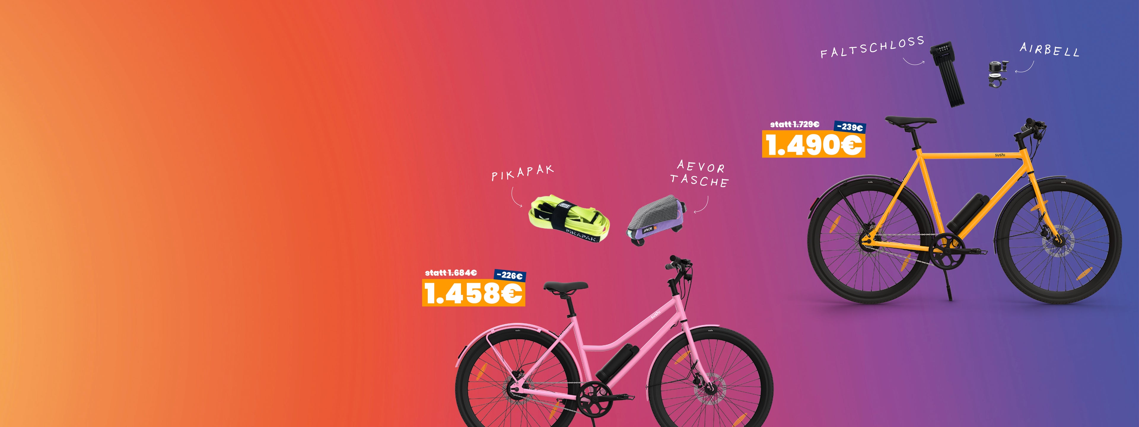 Zwei E-Bike-Bundles: Das SUSHI BIKE 3.0+ einmal mit Schloss und Klingel, einmal mit zwei Taschen