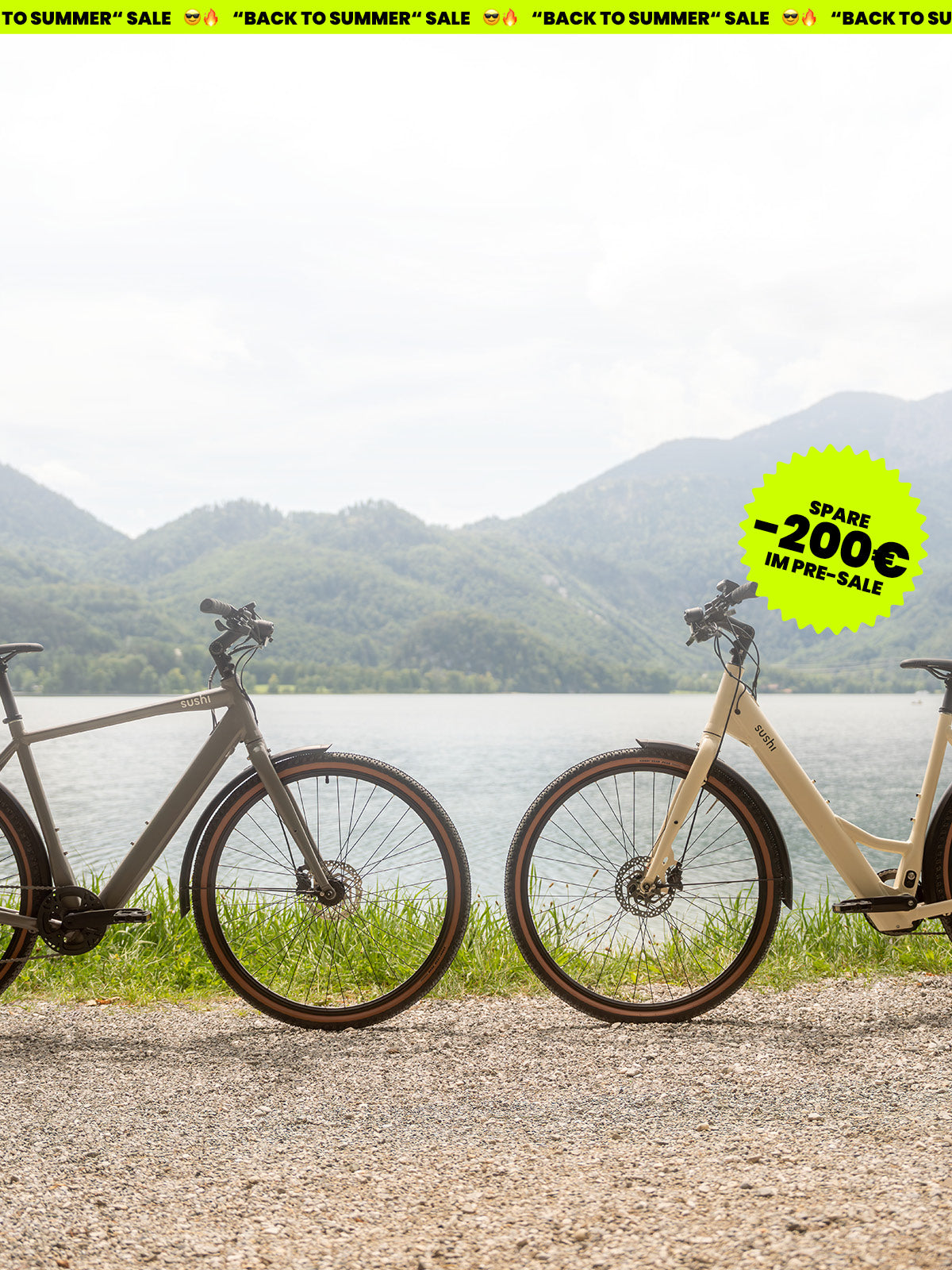 Trekking E-Bike TABI als Tiefeinsteiger und mit Diamantrahmen stehen vor einem Bergsee auf einem Schotterweg