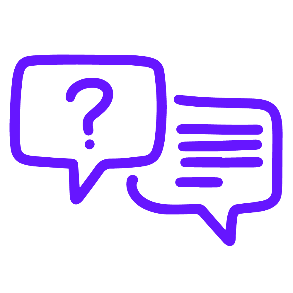 Icon mit zwei Sprechblasen, eine mit Fragezeichen und eine mit Text