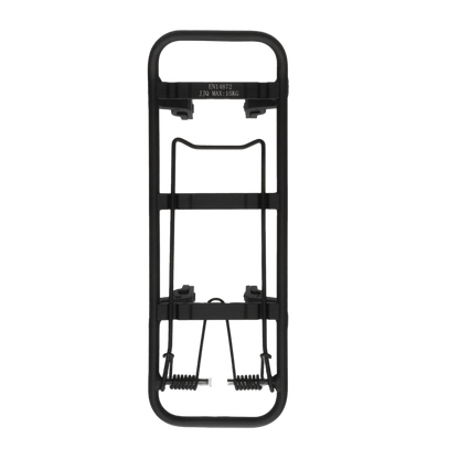 Schwarzer Gepäckträgeraufsatz THE RACK aus Aluminium mit integrierter Klemme, von oben fotografiert