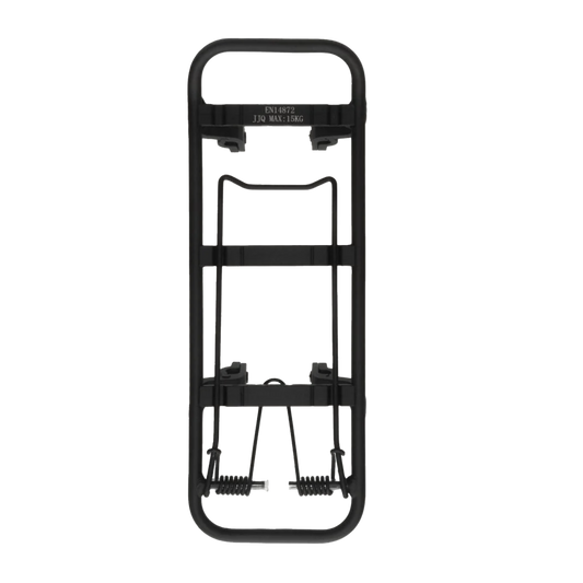 Schwarzer Gepäckträgeraufsatz THE RACK aus Aluminium mit integrierter Klemme, von oben fotografiert