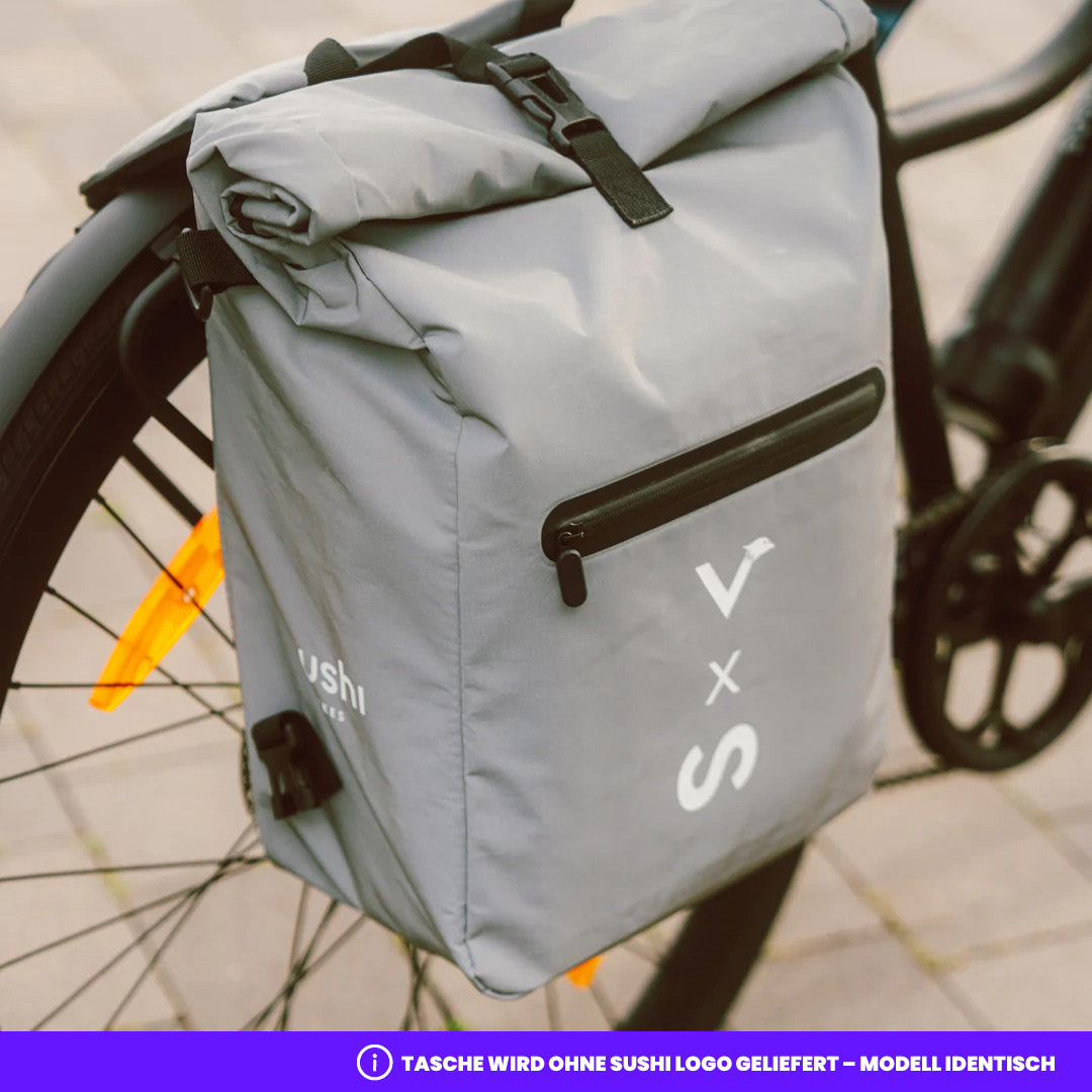 Valkental 3in1 Fahrradtasche in grau an den Halterungen der Schutzblechen vom SUSHI BIKE 3.0+ montiert