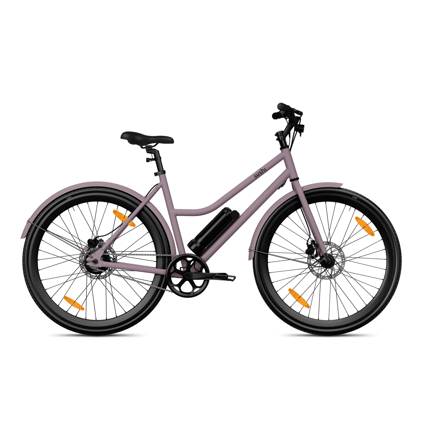 Seitenansicht des Vorderreifens vom schwarzen SUSHI BIKES E-Bike