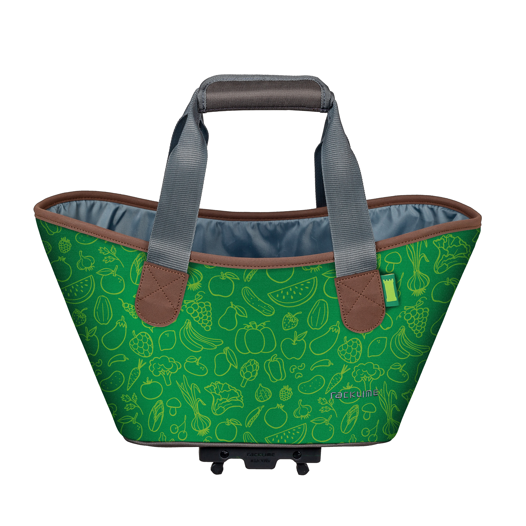Einkaufstasche Racktime Agnetha 2.0 mit grünem Gemüse-Print und gepolsterten Tragegriffen und Halterung für den Gepäckträger