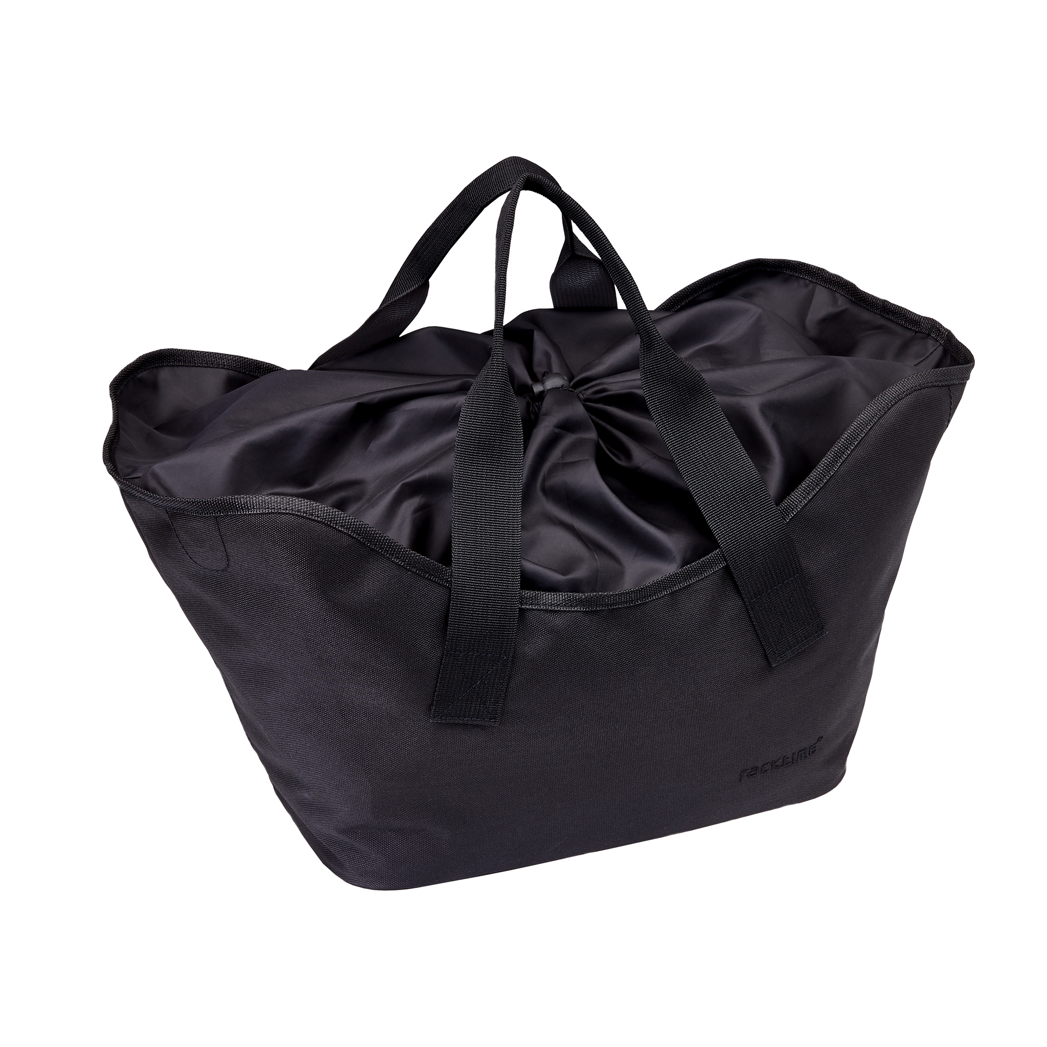 Schwarze Tasche verschlossen mit Kordelzugverschluss, Tragegriffe stehen aufrecht