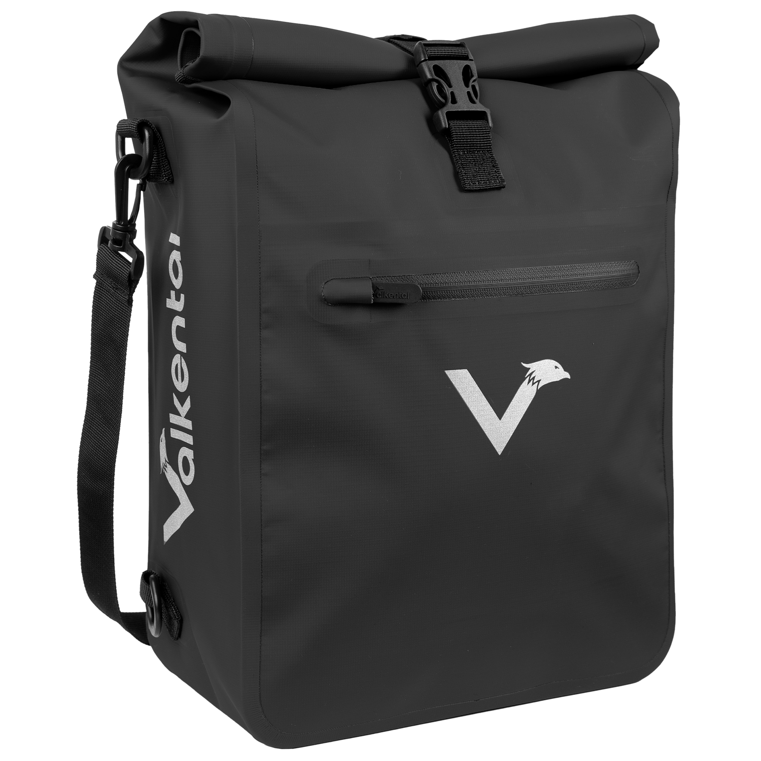 Schwarze ValkOne Tasche von vorne mit reflektierendem Logo, Rolltop-Verschluss und Frontreißverschluss