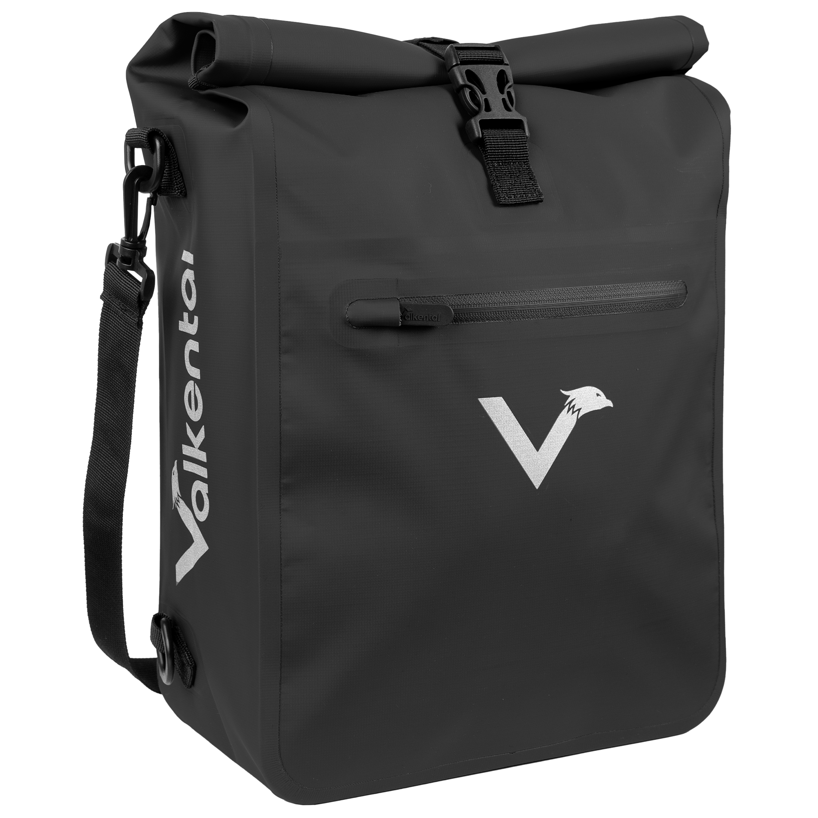 Schwarze ValkOne Tasche von vorne mit reflektierendem Logo, Rolltop-Verschluss und Frontreißverschluss