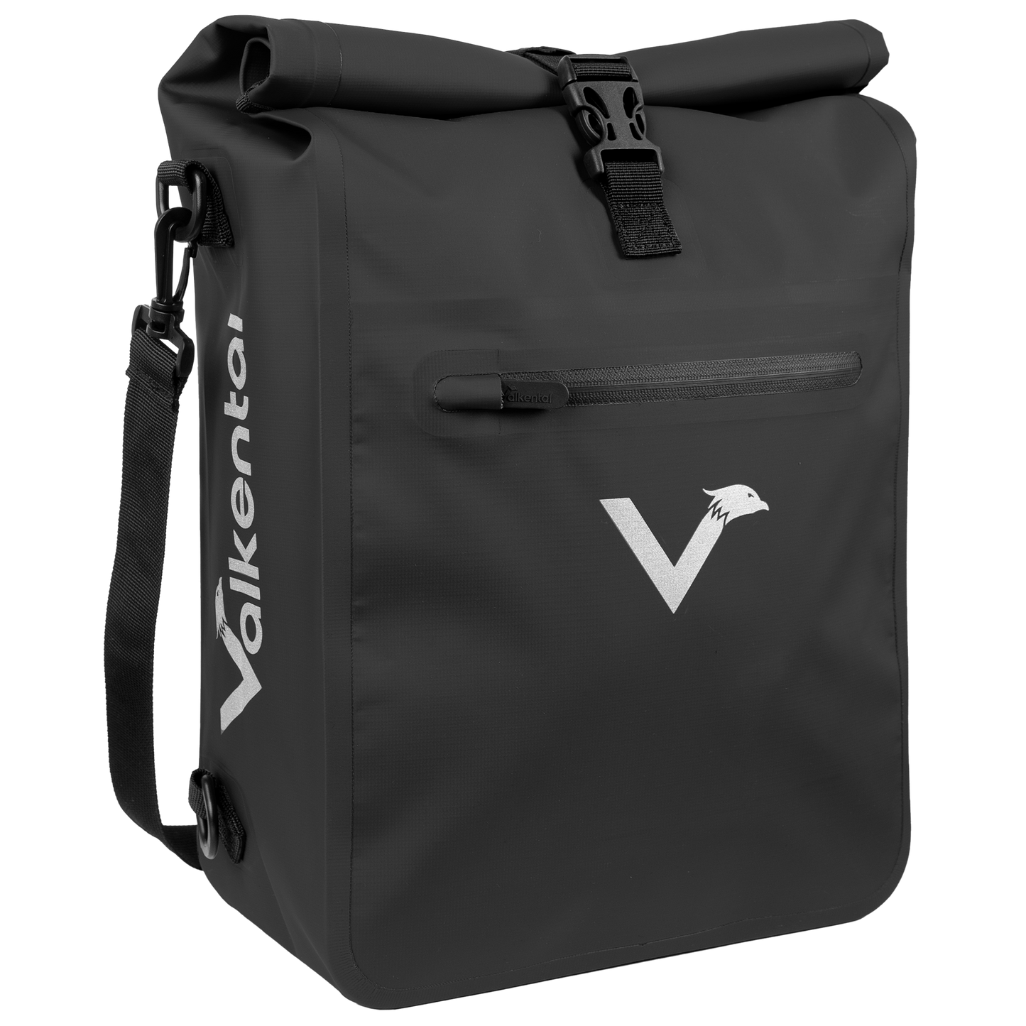 Schwarze ValkOne Tasche von vorne mit reflektierendem Logo, Rolltop-Verschluss und Frontreißverschluss
