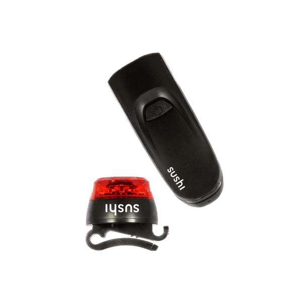 Set aus länglichem, schwarzem Vorderlicht und rundem schwarz rotem Rücklicht mit SUSHI Branding