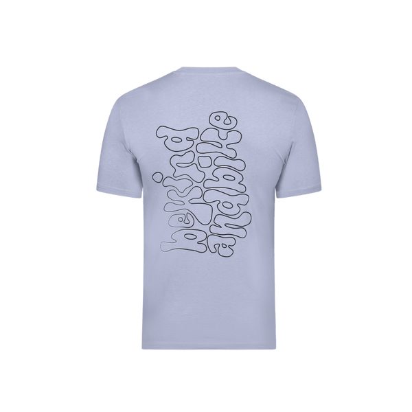 Rückseite des be kind - Basic Shirts in hellem lila, mit geradem Schnitt und großem, vertikalen be kind and bike Print in schwarz
