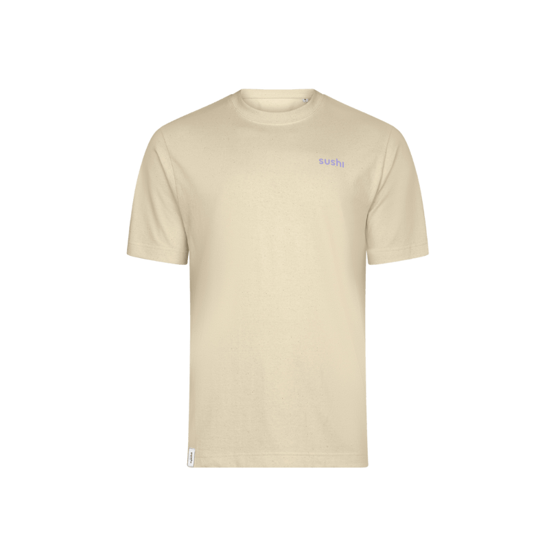 Vorderseite des naturweißen be kind - Oversize Shirt mit lässigem unisex Schnitt, rundem Kragen und SUSHI Logo in hellem lila auf der linken Brust