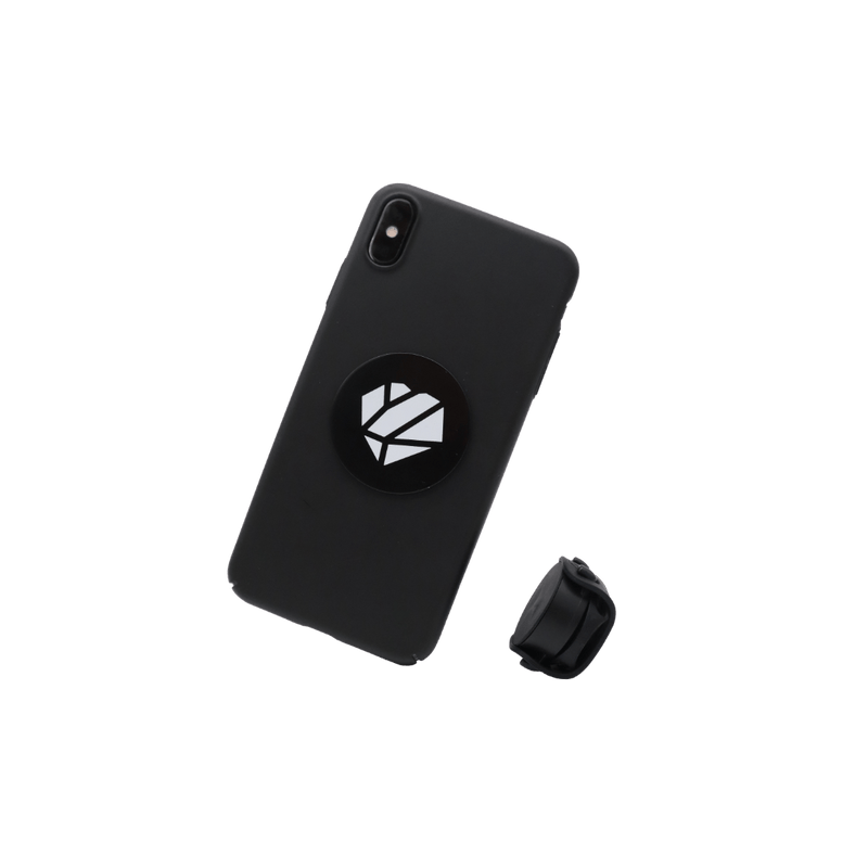schwarze, magnetische Handyhalterung für Fahrräder, passend für jedes Smartphone, mit weißem Logo der Firma Shapeheart auf dem Magneten